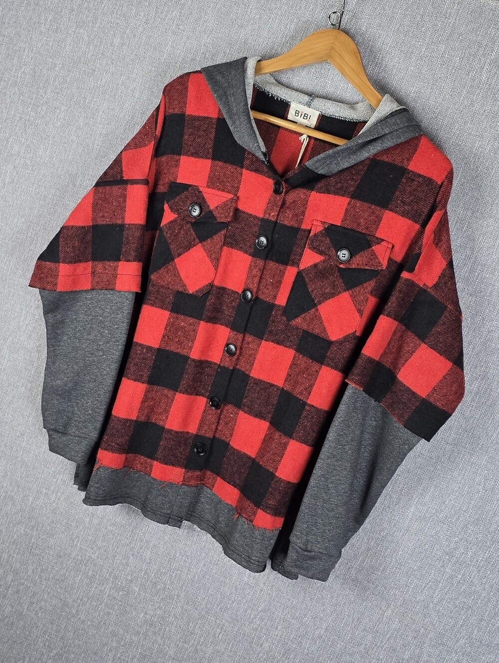 BiBi Hood Flannel Shirt Black/Red Plaid, Gray Womens Sz L